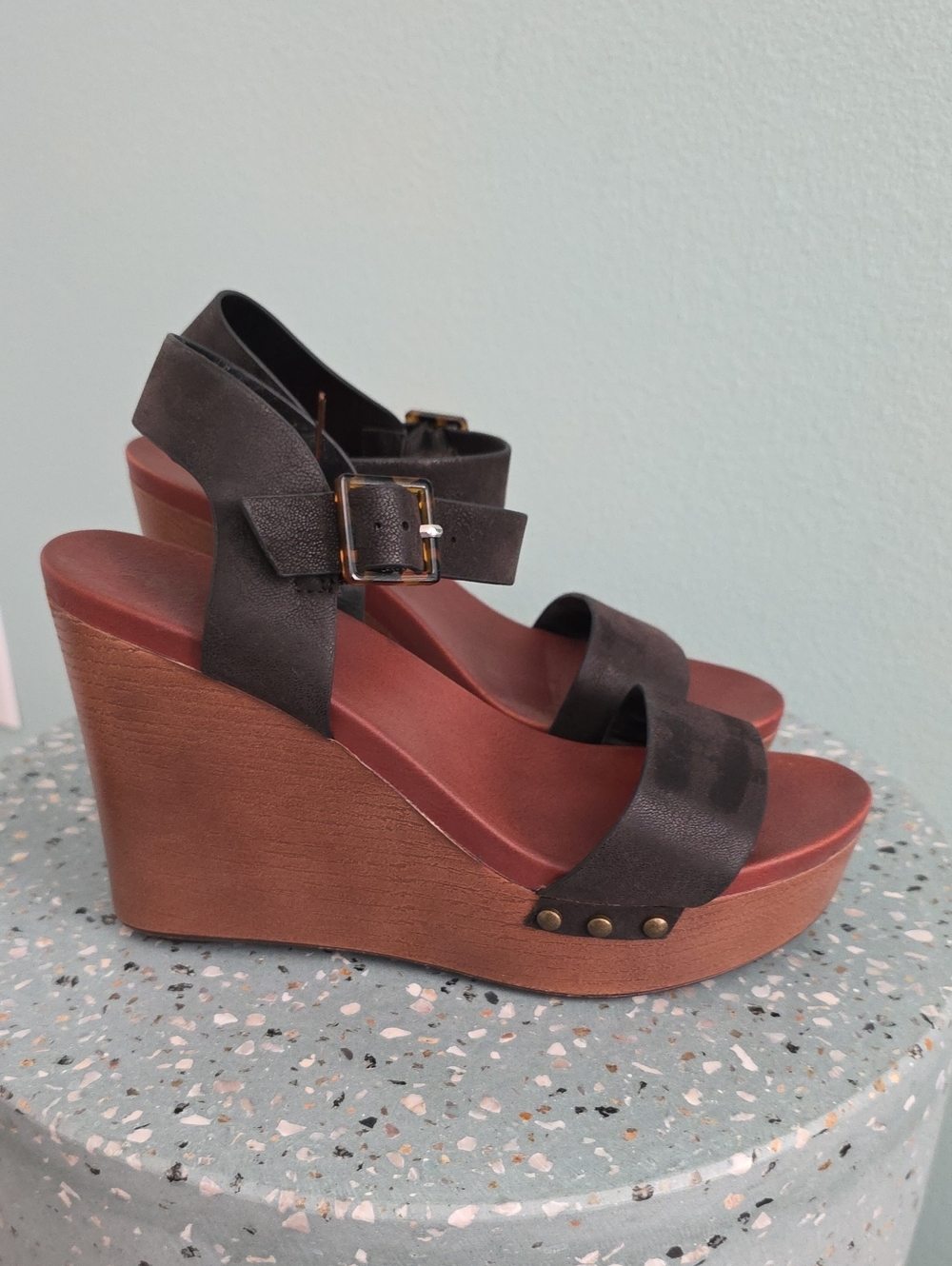 Women's Mia Black Wedge Sandals with Buckle Strap